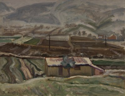 Livadia Area with Snow, Hazy — Oil painting, Canvas, 50.00×65.00cm — Theodoros Markellos